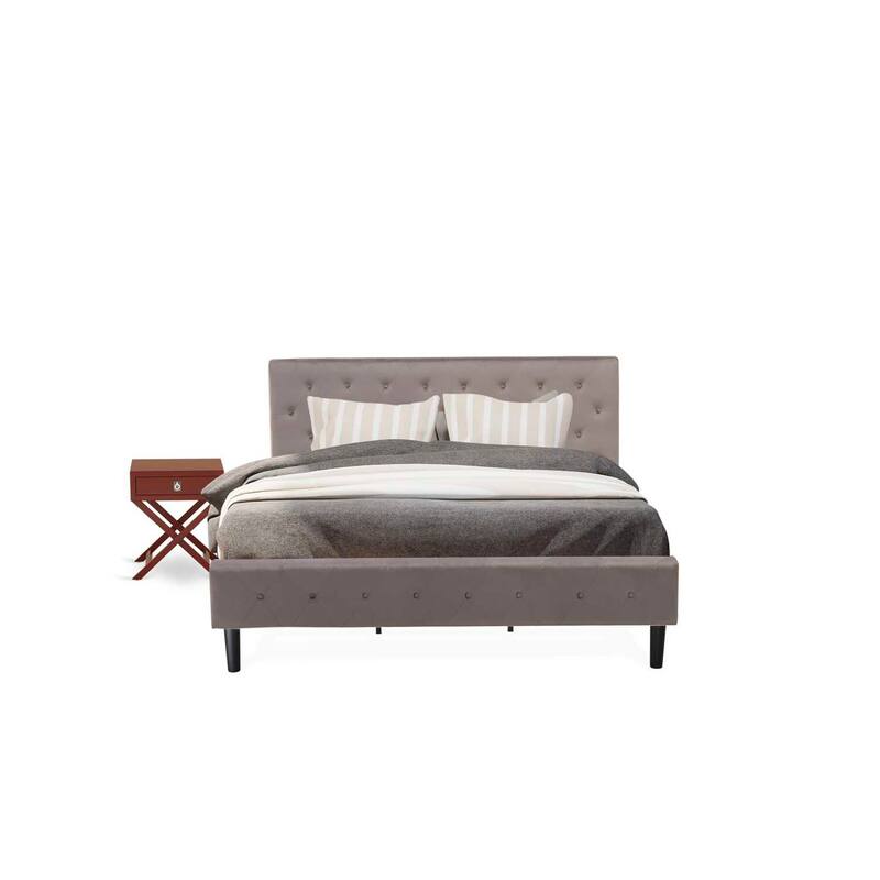 2 Piece Bed Set - Velvet Upholstered Platform Bed & Nightstand - Button Tufted Design