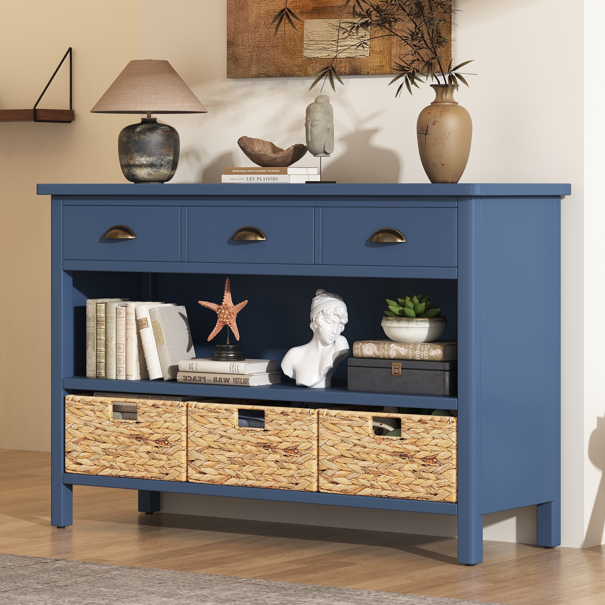 Retro Console Table with 3 Storage Drawers & 3 Water Hyacinth Woven Baskets