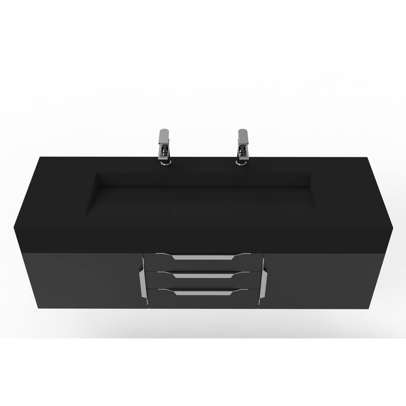 Nile 60" Wall Mounted Bathroom Vanity Set w/ Black Top