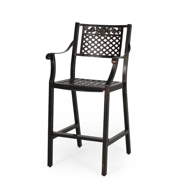 Roomfitters 2-Piece Outdoor Metal Bar Stools, Antique Bronze Cast Aluminum Patio High Dining Chairs with Floral Lattice, Black