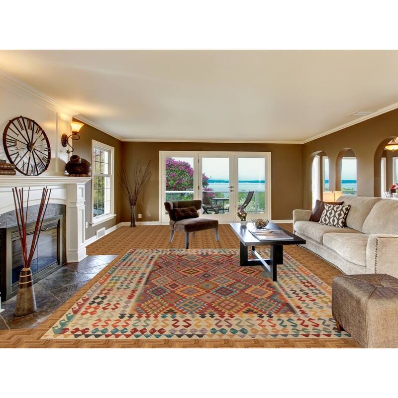 Geometric Kilim Oriental Area Rug Flatweave Wool Carpet - 8'2" x 11'5"
