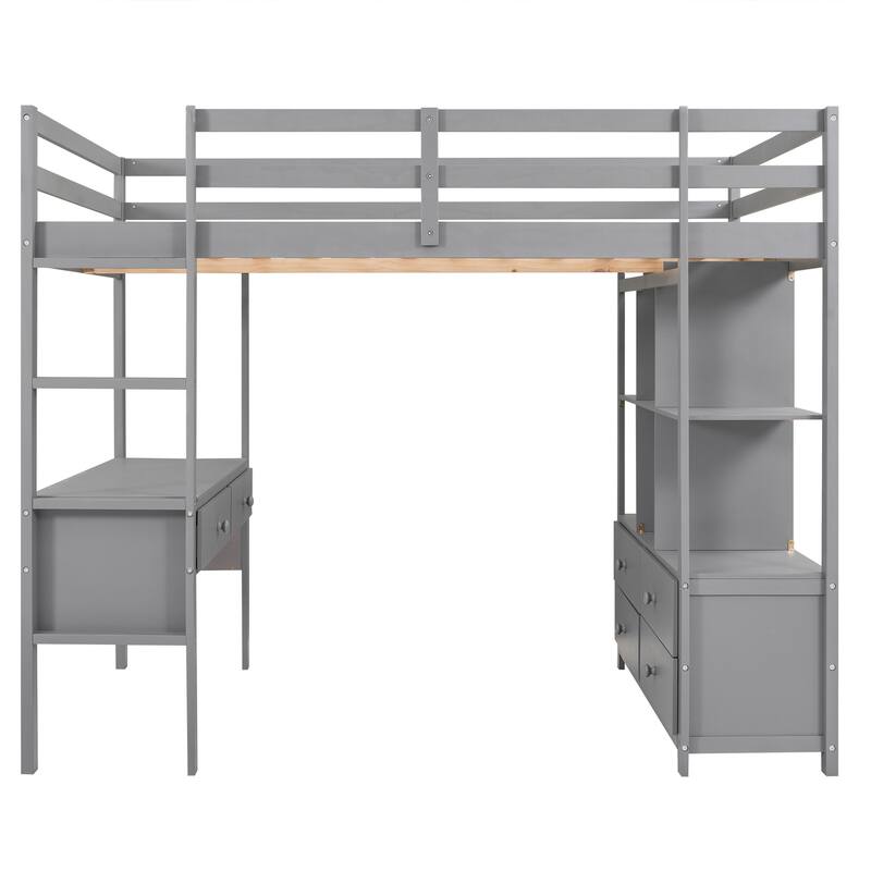 Pine Wood Loft Bed with Built-in Desk with Two Drawers, and Storage Shelves and Drawers