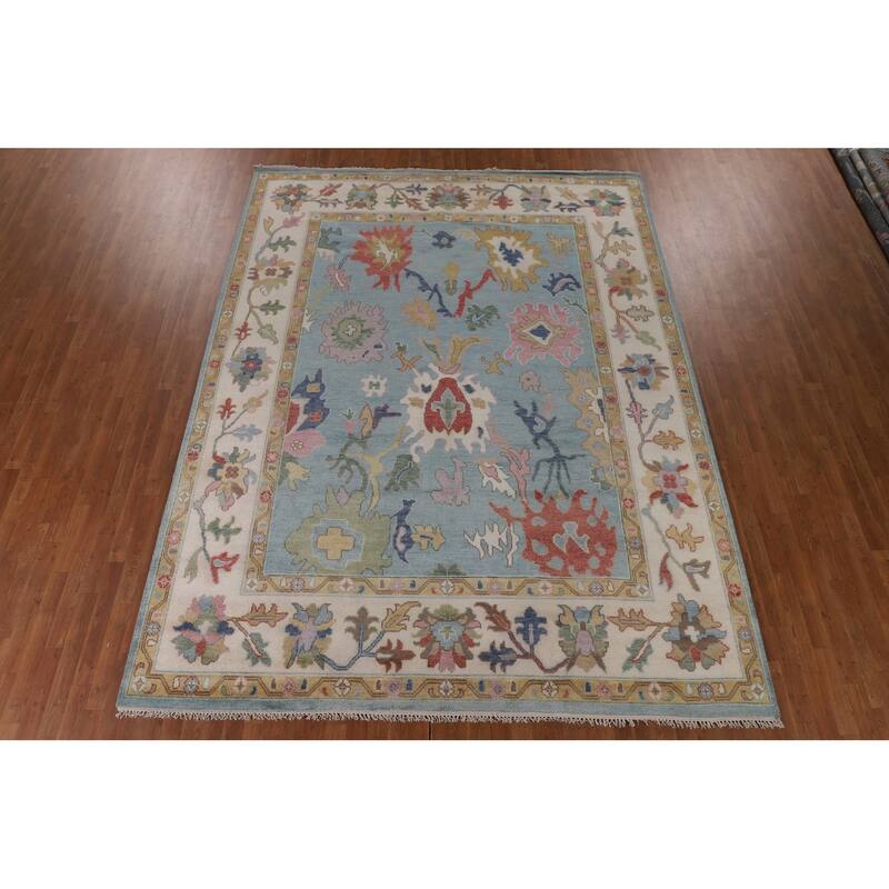 Light Blue Floral Oushak Oriental Area Rug Handmade Wool Carpet - 9'0"x 11'9"