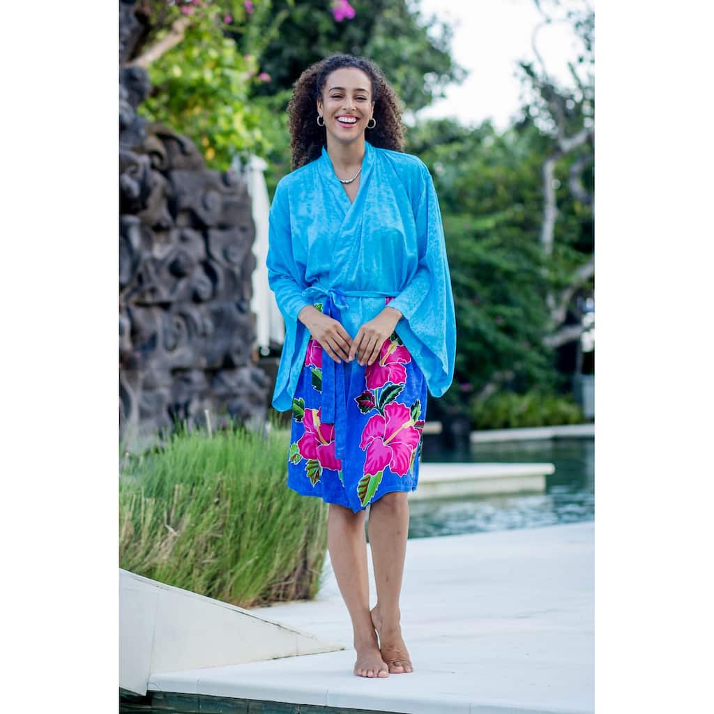 Novica Handmade Sky Lotus Hand-Painted Rayon Robe