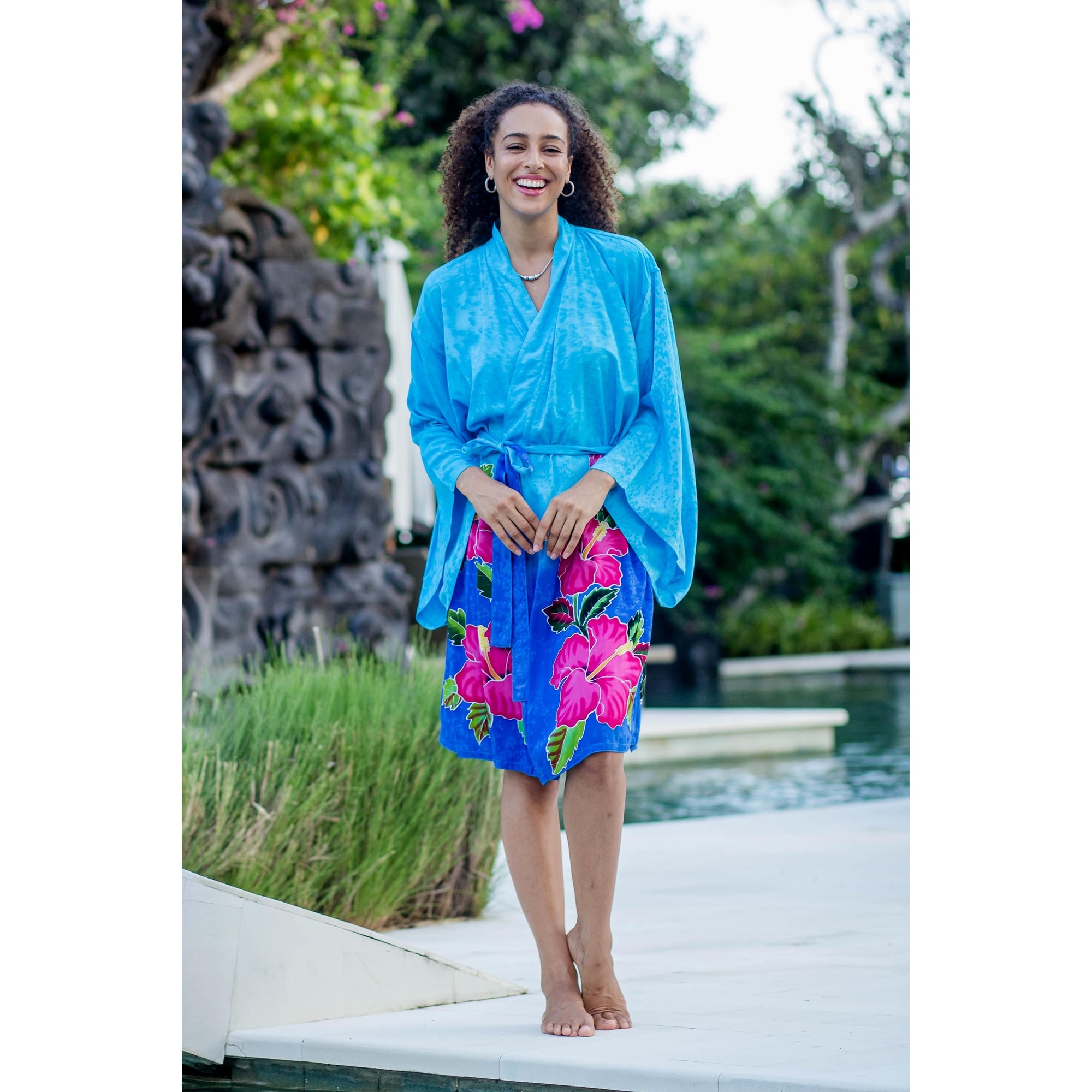Novica Handmade Sky Lotus Hand-Painted Rayon Robe