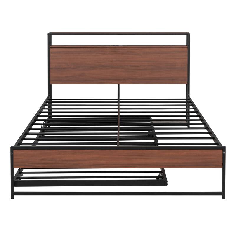 Full/Queen Platform Bed Frame with Trundle, USB Ports and Steel Slat Support, Metal and Wooden Bed Frame with Storage Headboard