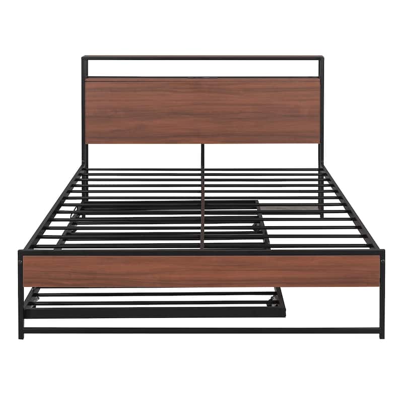 Metal Bed Frame Platform Bed with Storage Headboard, Pull-Out Trundle Bed, USB Ports, Metal Slat Support