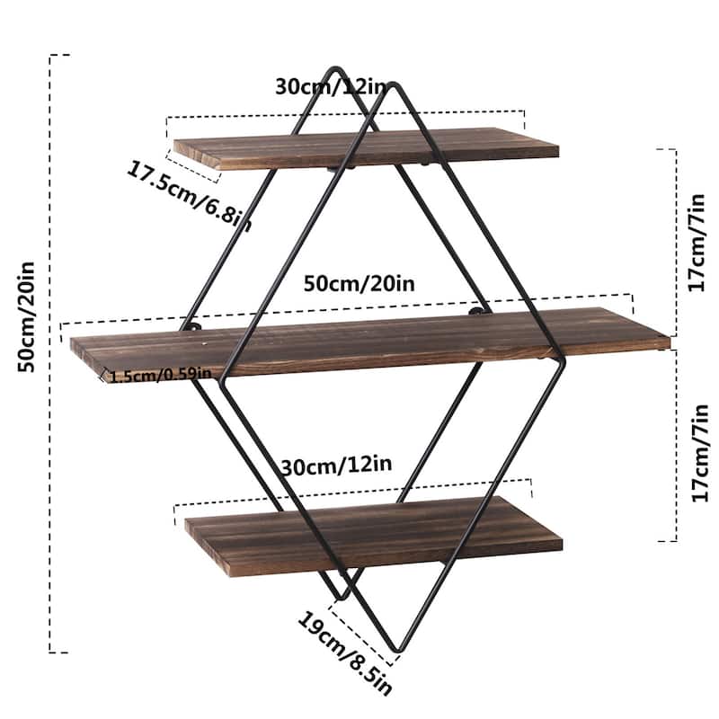 Floating Wall Mounted Display Shelf 3 Tiered Wooden Shelves Black Frame Shelving