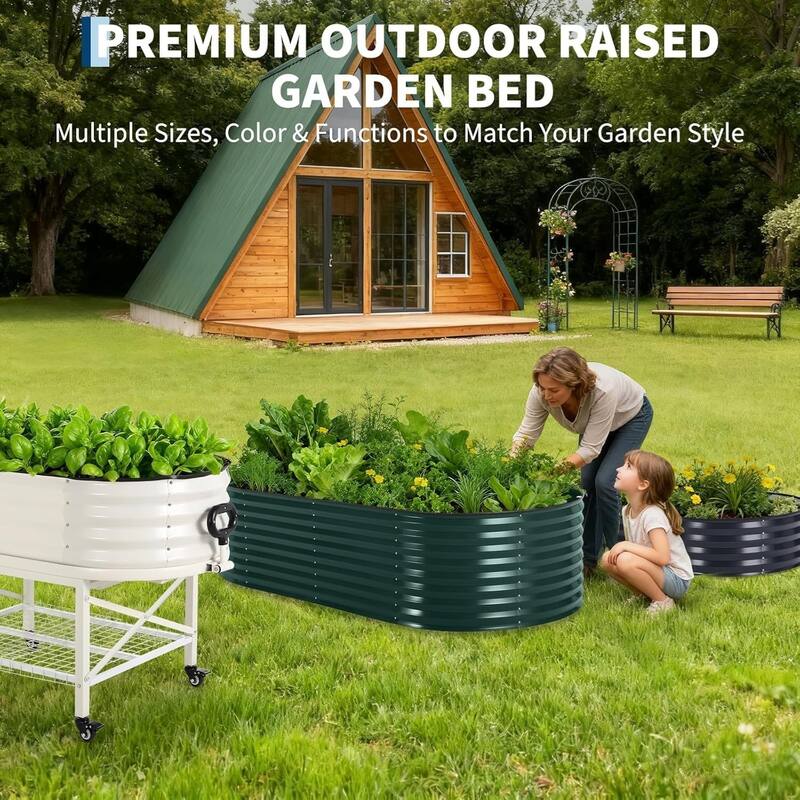 8x4x2 ft Oval Galvanized Steel Raised Garden Bed Kit with Zippered Cover - Open-Bottom Planter Dark Green