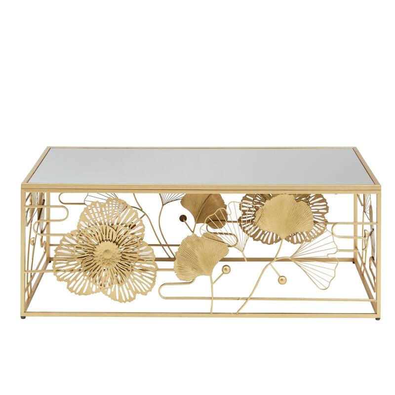Pomonok Gold Finish Peony and Ginkgo Coffee and End Table Set with Mirror Top by iNSPIRE Q Bold