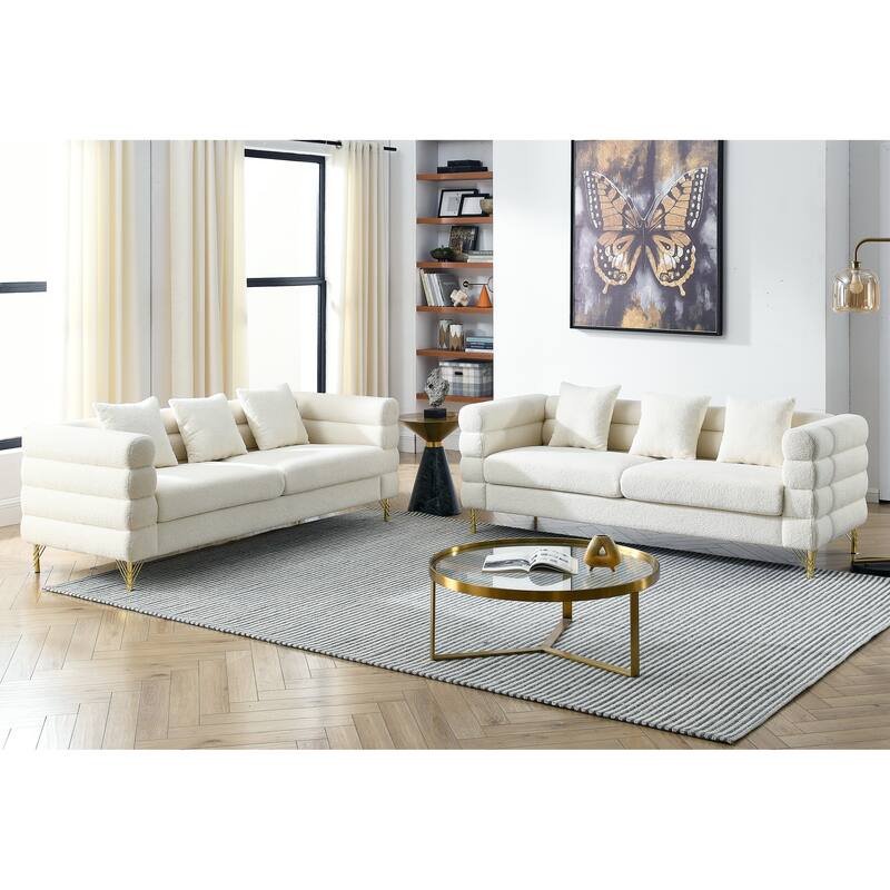 American Style 3+3 Seater Sofa,Oversized Fabric Upholstered Sofa with 6 Pillows for Living Room, Sofa-Deep Seating - White