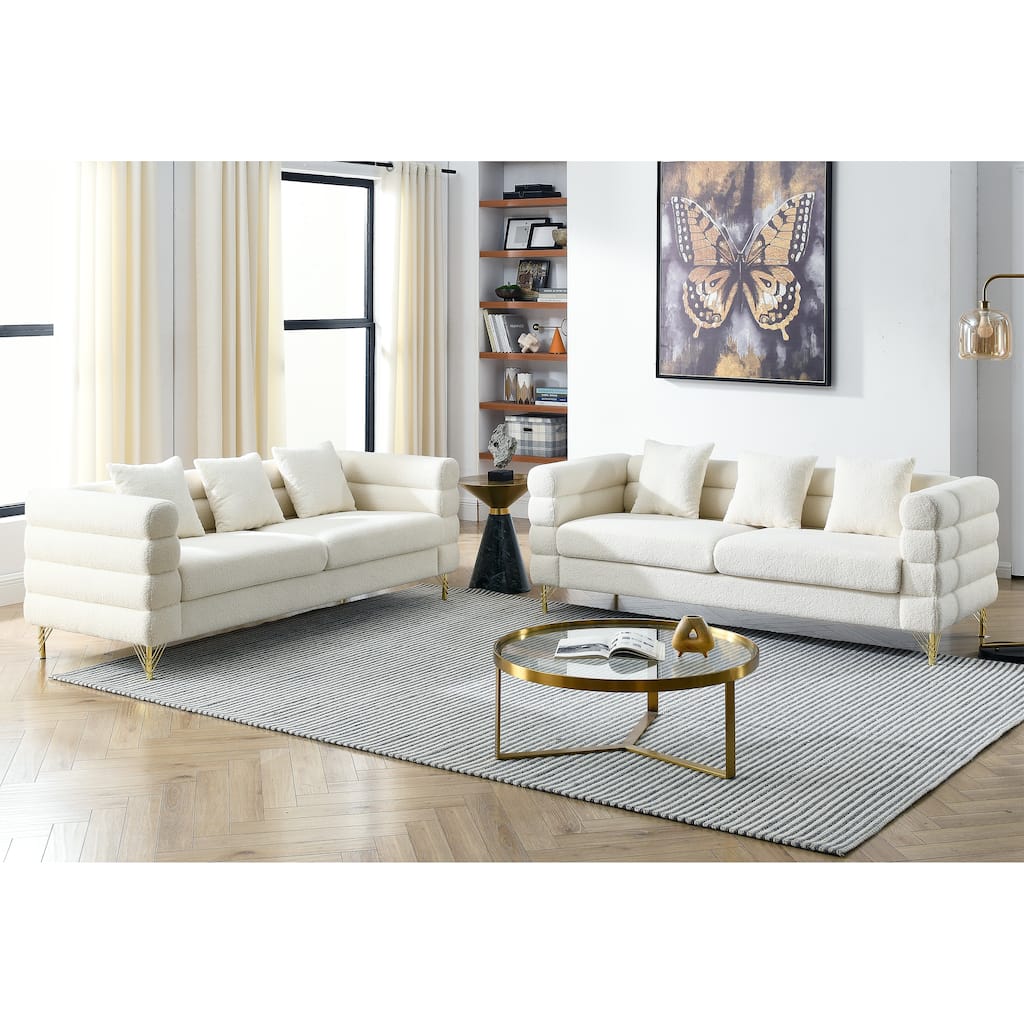Modern 3 Seater Sofa 2 Piece Set with Gold Metal Legs and Curved Silhouette for Modern Living Room or Apartment