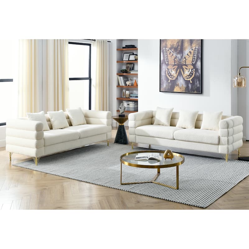 Roomfitters Luxury 3-Seater Teddy Fabric Sofa with Gold Metal Legs, Deep Seating Couch with Pillows