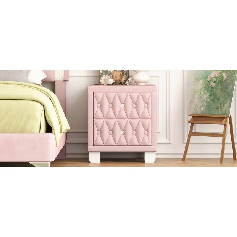 Elegant Velvet 2-Drawer Nightstand with Crystal Handles - Button-Tufted Storage Bedside Table (Pink)