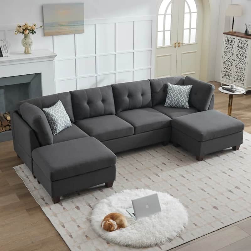 Contemporary Linen Upholstered Modular Sectional Sofa with Dual Chaise Lounges - Dark Grey