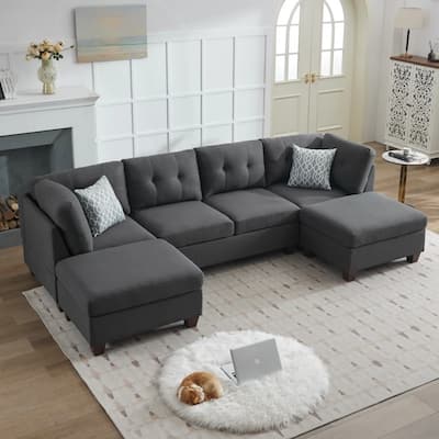Contemporary Linen Upholstered Modular Sectional Sofa with Dual Chaise Lounges