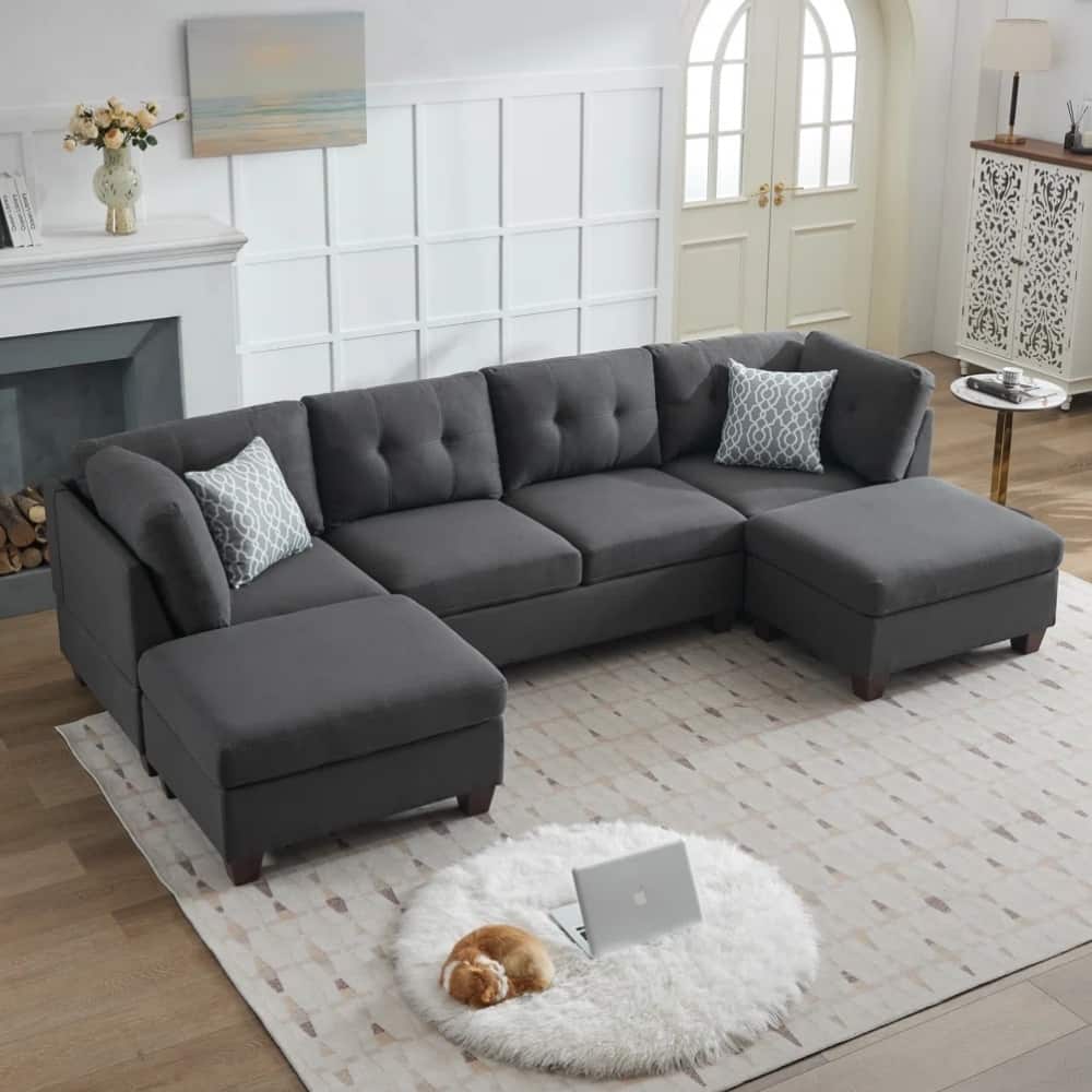 Contemporary Linen Upholstered Modular Sectional Sofa with Dual Chaise Lounges