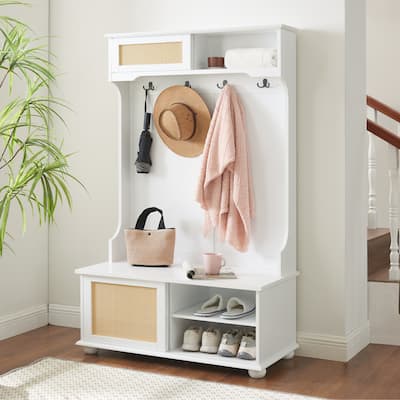 4-in-1 Entryway Hall Tree Cabinet Coat Rack with Shoe Bench & Spacious Storage, Storage Cabinet with Rattan Door