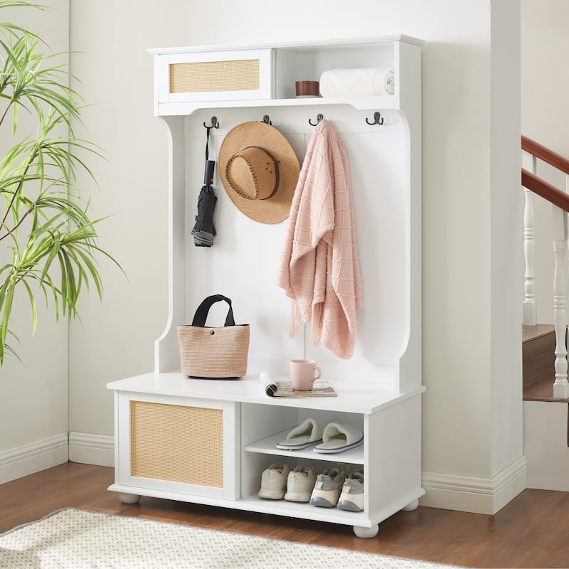 Hall Tree Storage Bench with Rattan Door, Shoe Bench with Adjustable Shelf - White