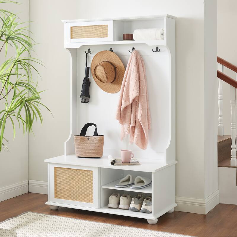 Modern Rattan Door Coat Rack Entryway Storage Bench with Shoe Storage Compartments and Open Shelves
