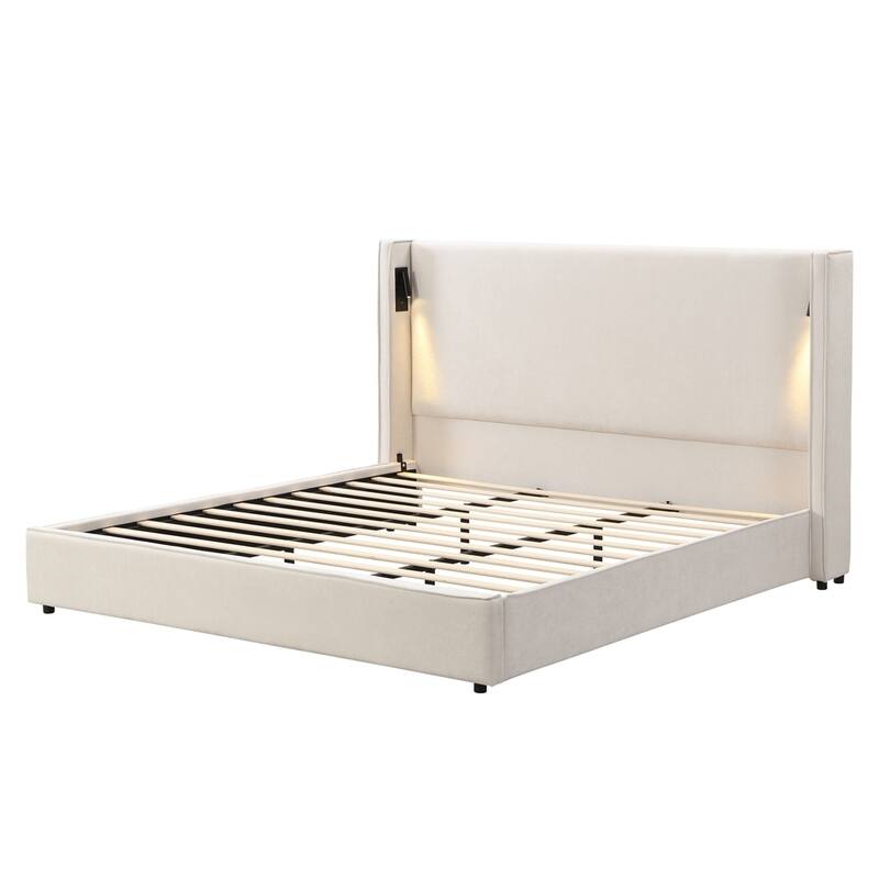 High Wingback Headboard Upholstered Platform Bed with USB port
