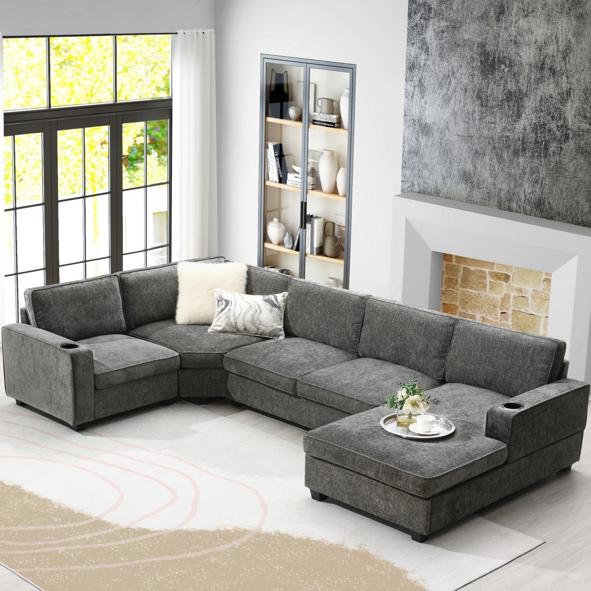 119" U-Shaped Chenille Sectional Sofa with Chaise and Cup Holders
