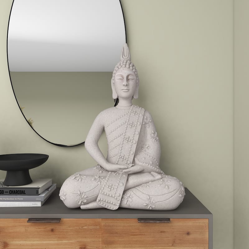 Gray Magnesium Oxide Indoor Outdoor Meditating Buddha Decorative Garden Sculpture with Floral Carvings and Beaded Details