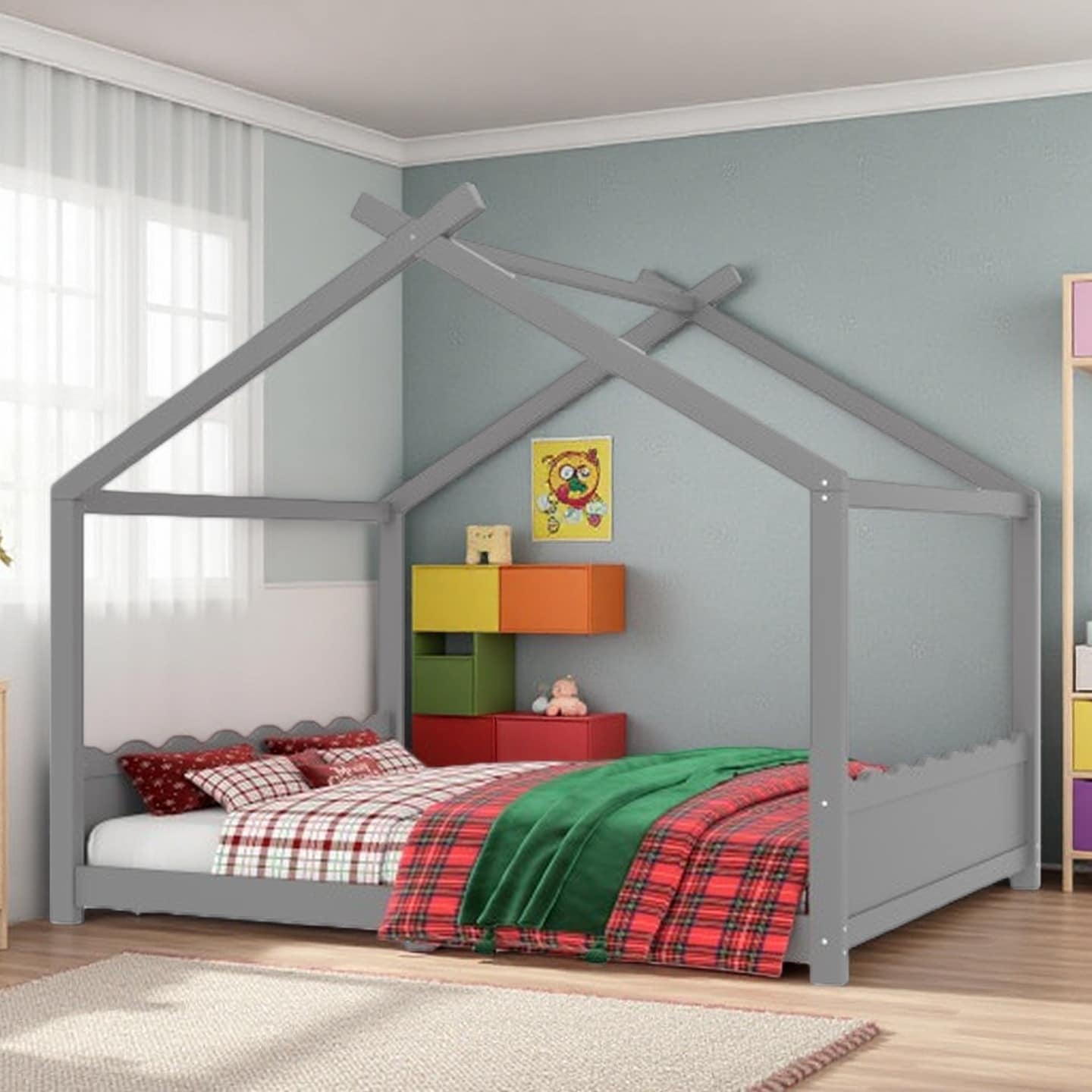 Twin House Floor Bed with Solid Wood Frame, Montessori Low-Profile Design, Integrated Support Slats, No Box Spring Needed