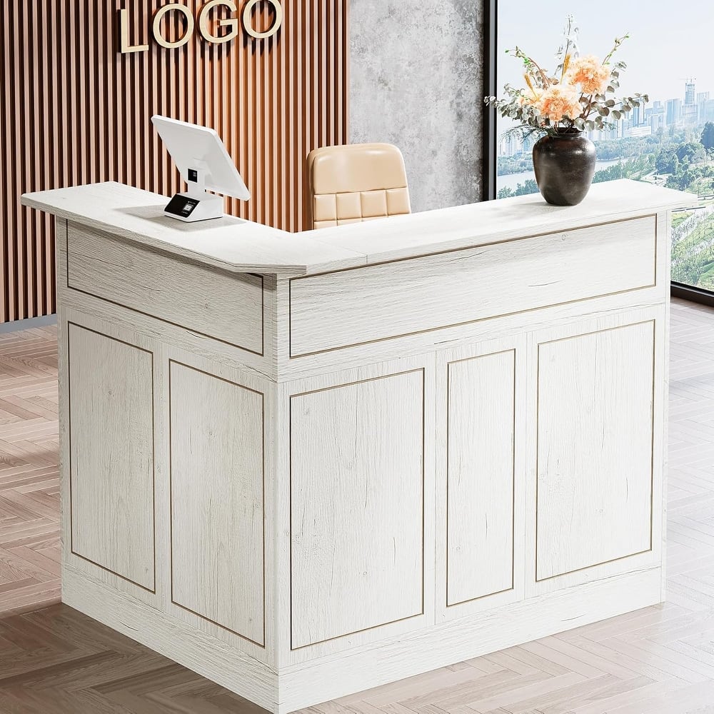 Reception Desk with Storage Shelves, L-Shaped Modern Front Desk