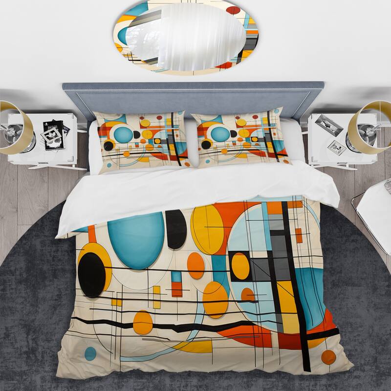 Designart "Orange Blue Mid Century Graphic Geometrics" Orange Mid-Century - Bedding Cover Set With Shams