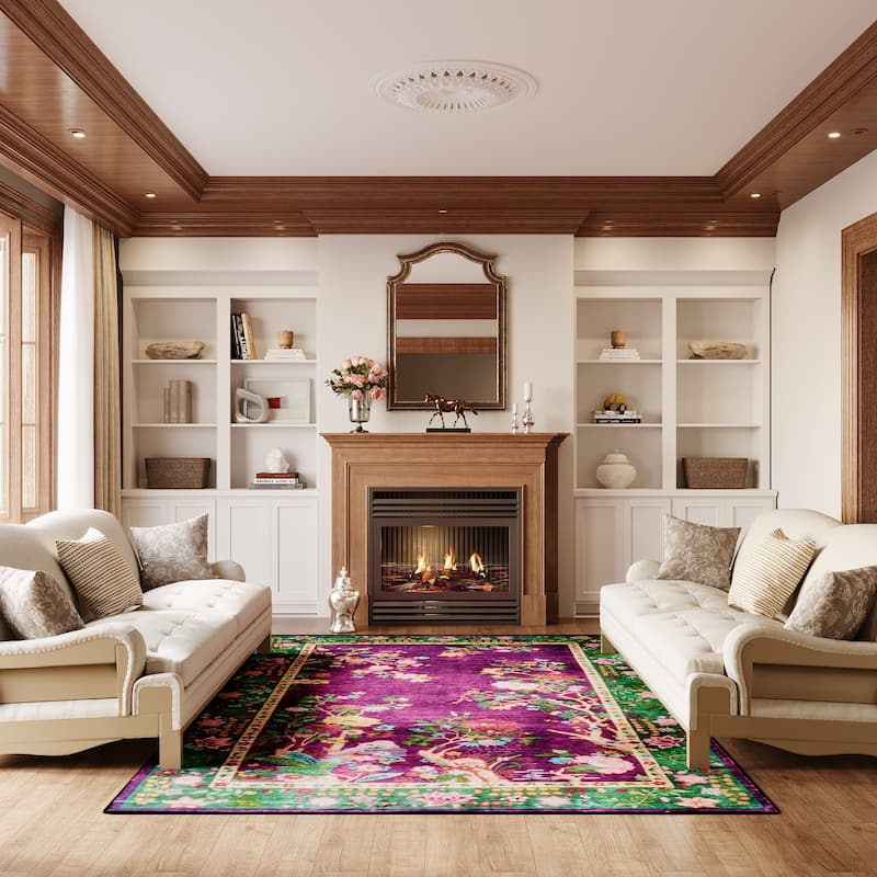 Rustic Floral Abstract Indoor Rug Purple Anti-slip & Washable