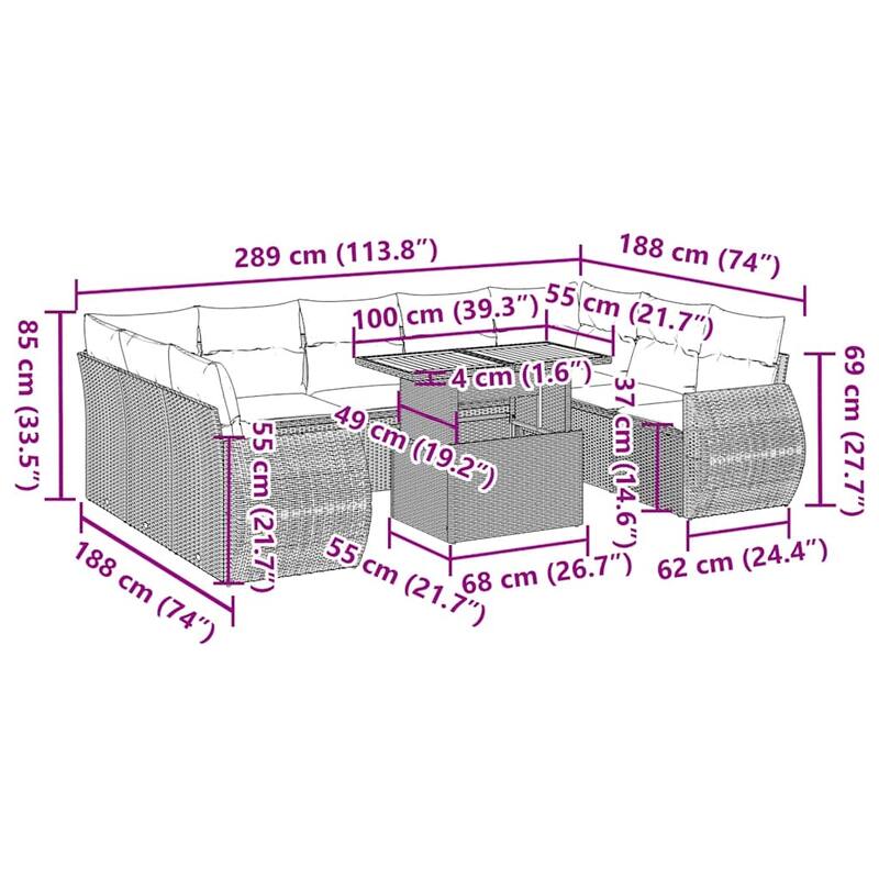 vidaXL Patio Sofa Set with Cushions Table and Modular Sofas 10 Piece Poly Rattan - 21.7 x 24.4 x 27.2