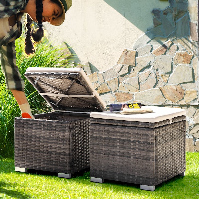 Nuu Garden Outdoor 2-Piece Wicker Ottoman with Storage and Cushion