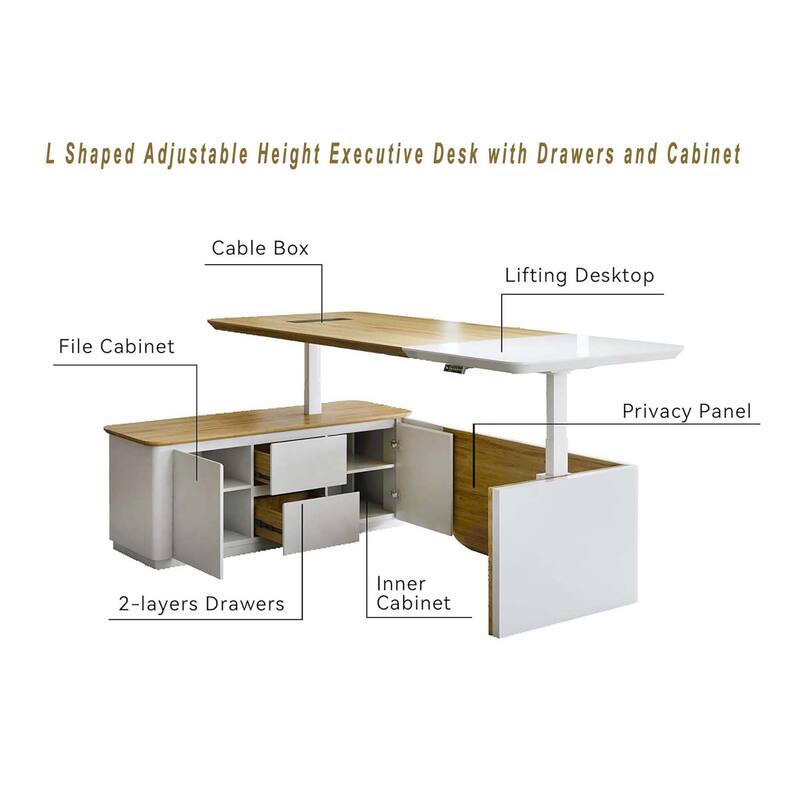 WESOME White Adjustable L Shaped Desk with LED Power Outlets, Electric Sit and Stand Desk