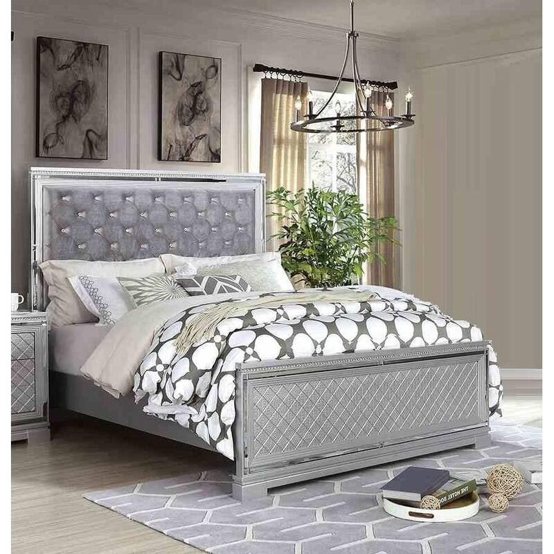 Glam 1pc Silver Finish Button Tufted Headboard Bed