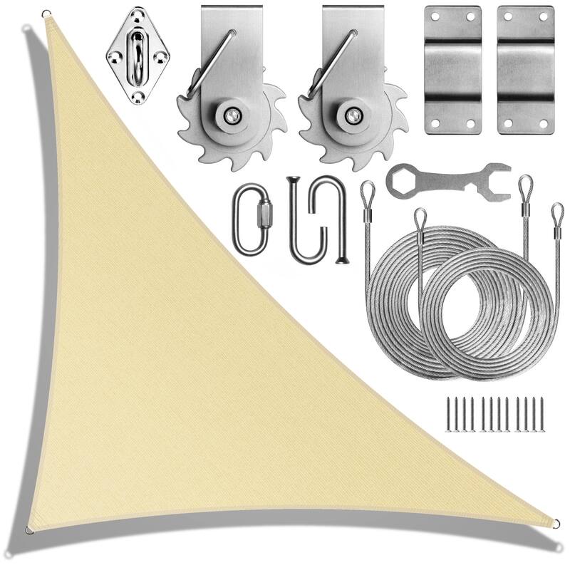 ColourTreeUSA Right Triangle Sun Shade Sail HDPE with Winch Hardware Installation Kit - 24' x 24' x 33.9' - Beige