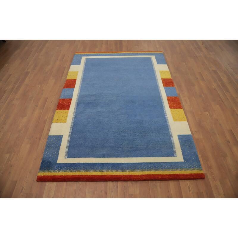 Hand Knotted Oriental 100% Wool Carpet Modern Geometric Navy Blue & Blues Gabbeh Area Rug - 6' 8'' X 4' 7''