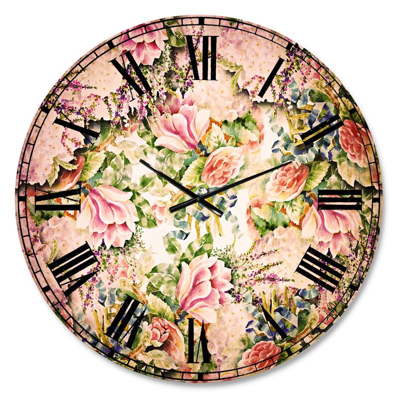 Designart 'Pink Flower Pattern on White' Floral Wall CLock - Overstock ...