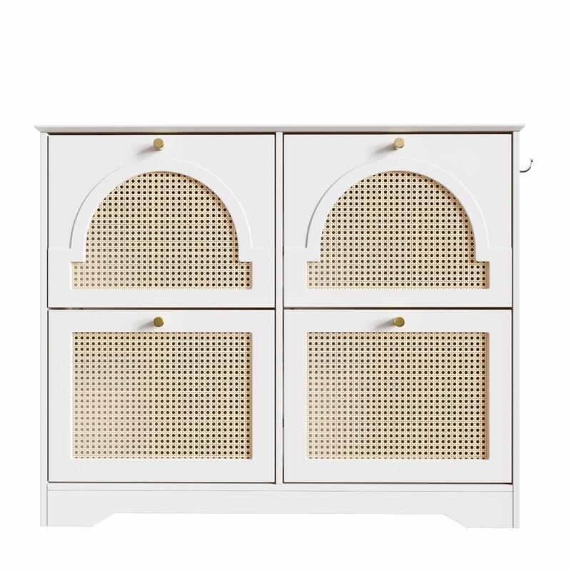 Narrow Shoe Cabinet with 4 Flip Drawers, Elegant Entryway Shoe Organizer with 4 Rattan Doors, Freestanding Shoe Rack w/ 2 Hooks