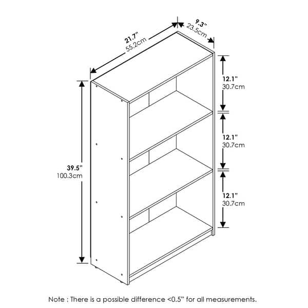 dimension image slide 3 of 4, Furinno 99736 Basic 3-Tier Bookcase Storage Shelves