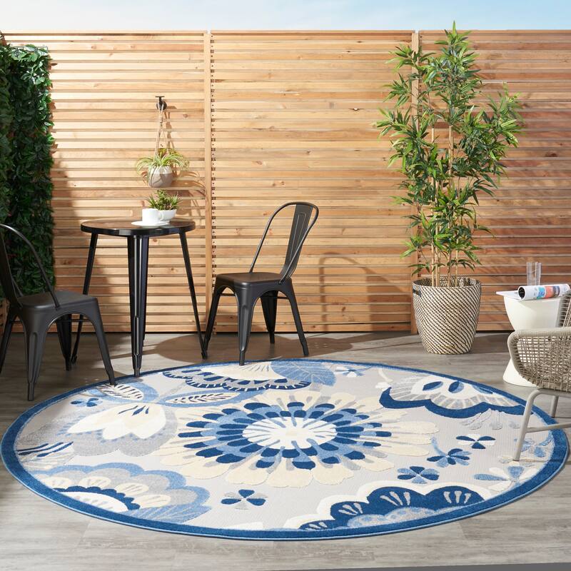 Nourison Aloha Scandinavian Floral Indoor/Outdoor Area Rug - 7'10" Round - Blue/Grey