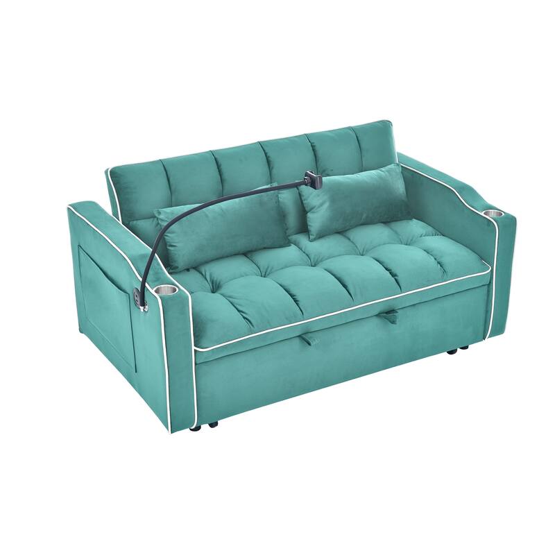 55.51 inch versatile foldable sofa bed in 3 lengths modern sofa velvet pull-out bed, adjustable back USB port swivel phone stand