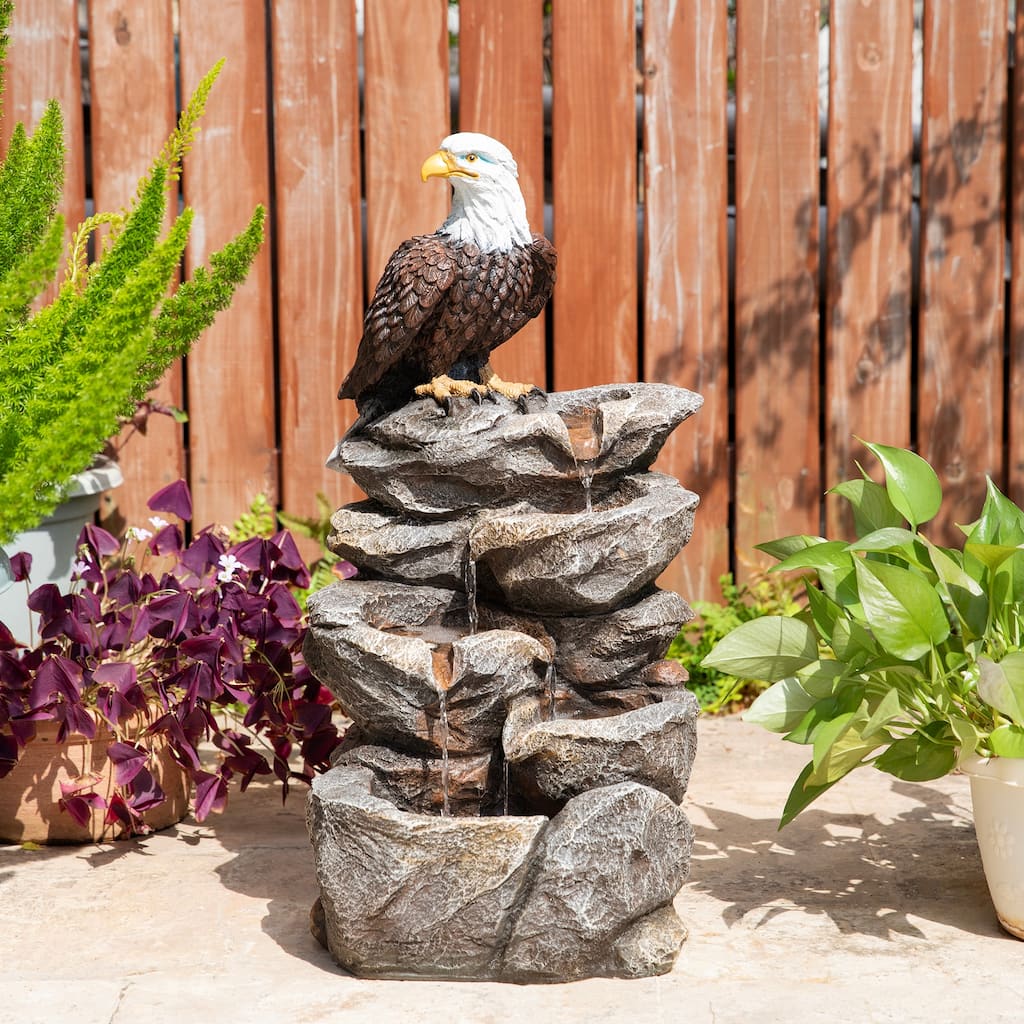 Glitzhome 25.25"H 4-Tiered Polyresin Eagel Stone Outdoor Fountain with Lights