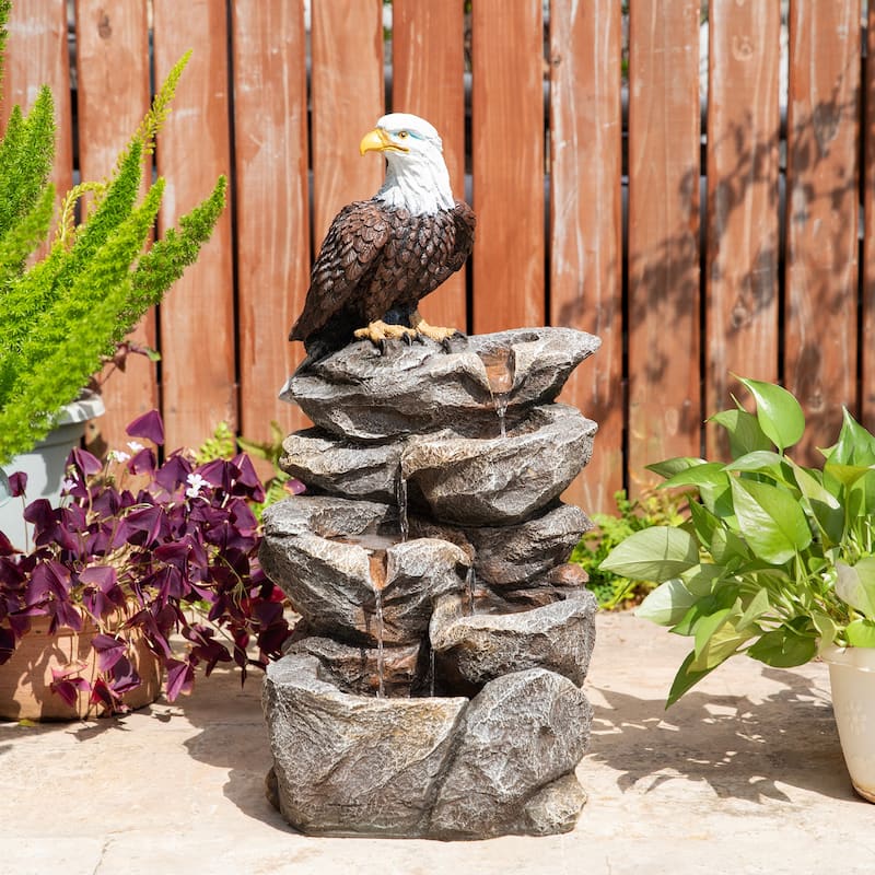 Glitzhome 25.25"H 4-Tiered Polyresin Eagel Stone Outdoor Fountain with Lights