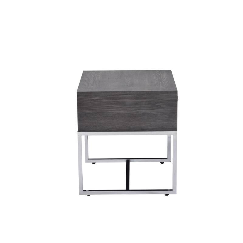 Wooden End Table with Tubular Metal Base and Spacious Drawer, Gray and Silver