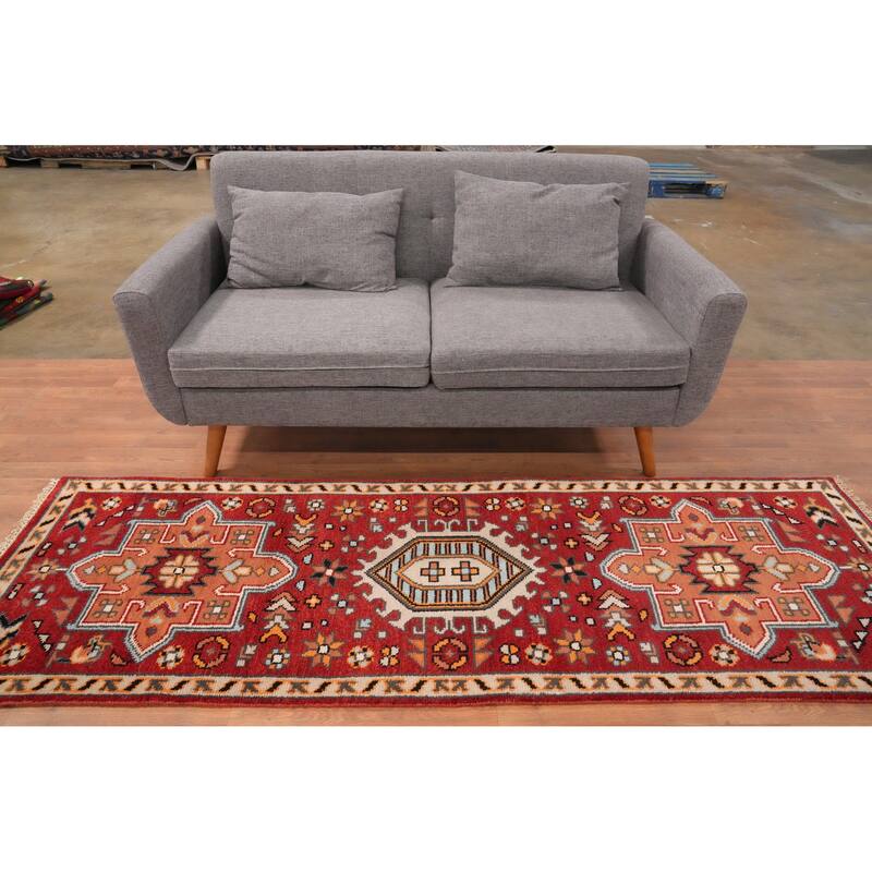 Hand Knotted Oriental 100% Wool Carpet Traditional Geometric Oranges & Rust Kazak Runner Rug - 7' 11'' X 2' 7''