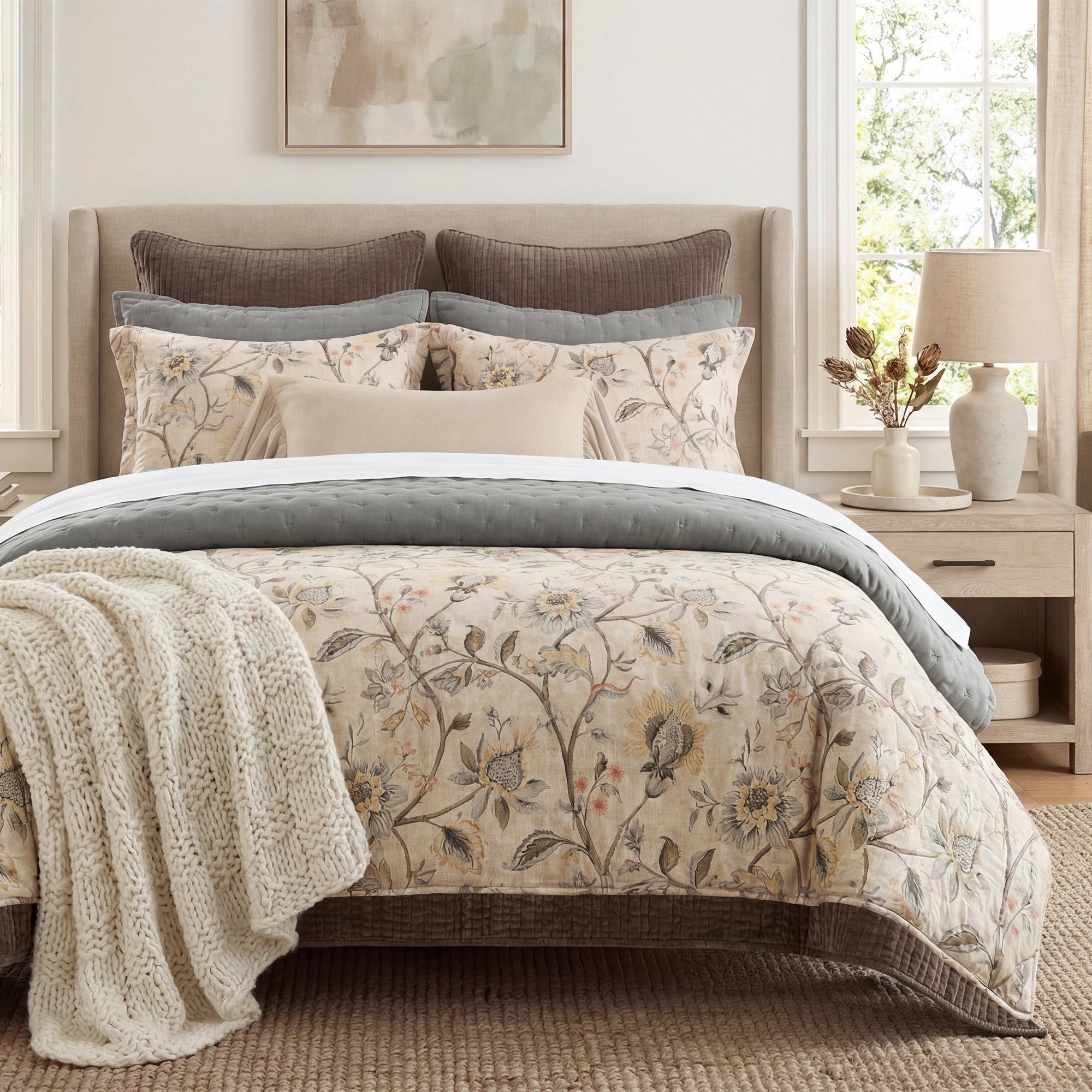 HiEnd Accents Penrose Soft Washed Linen Blend Vintage Botanical Bedding Design 3 Piece Comforter Set