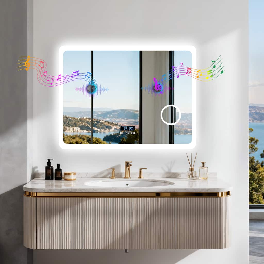 Smart LED Bathroom Mirror with Bluetooth Speaker, Anti-Fog Magnifying