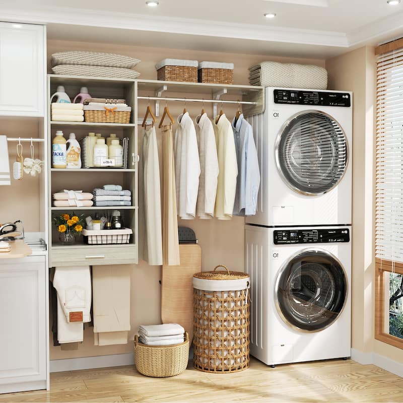 60'' Wall-mounted Closet System with Hanging Rods, Clothing Organizer with Tower Shelves for Laundry Room - Washed Oak