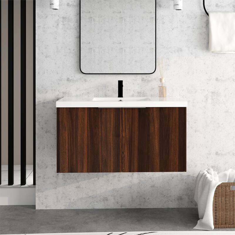 Beingnext 24"/30"/36" Bathroom Vanity with Sink, Floating Bathroom Vanity with 2 Soft Close Doors - 35.4"W x 18.1"D - California  Walnut